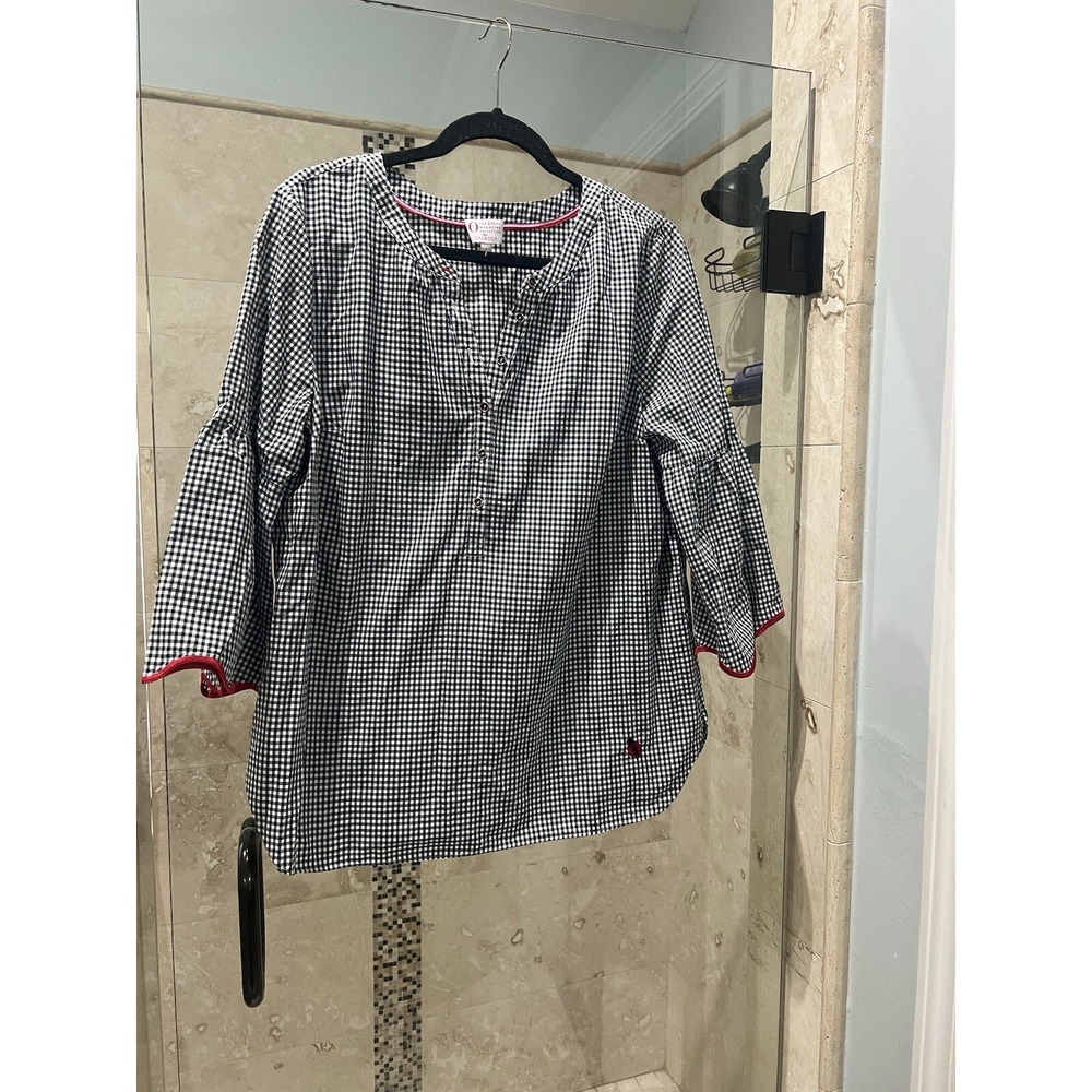 Talbots Oprah Magazine Collection Gingham Ladybug Bell Sleeve Top Black White L